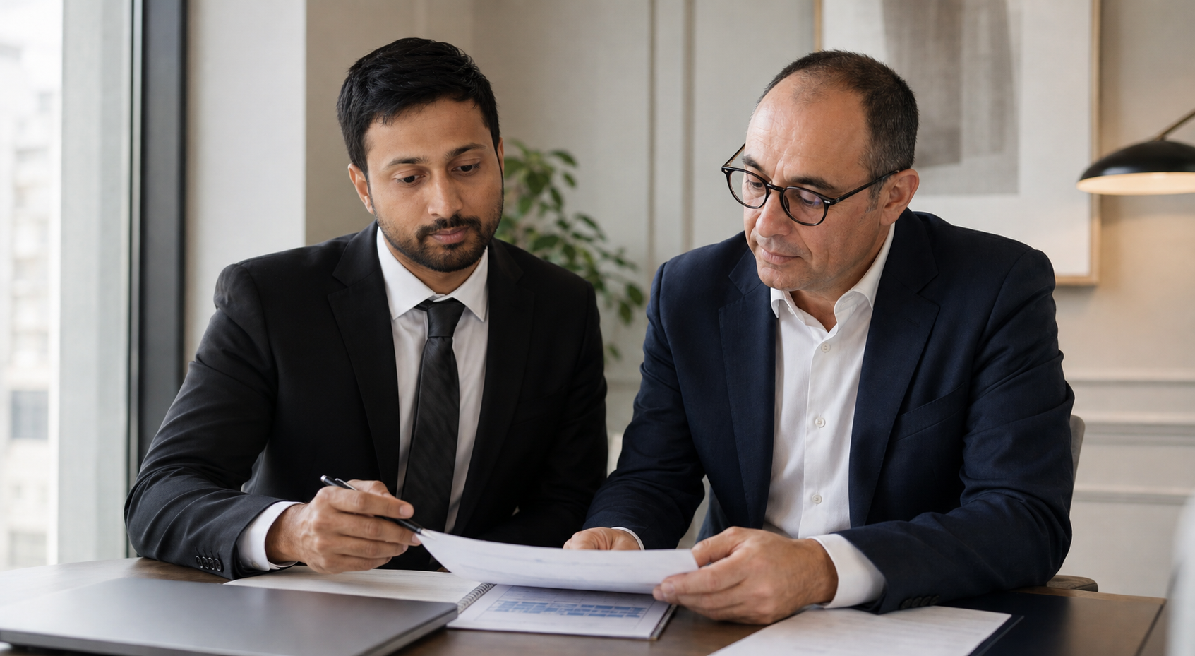 Deux professionnels examinent ensemble un dossier de travail.